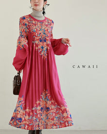  ふんわり変形タック袖の鮮やかな花柄プリーツロングワンピース