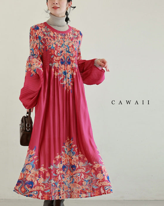 ふんわり変形タック袖の鮮やかな花柄プリーツロングワンピース