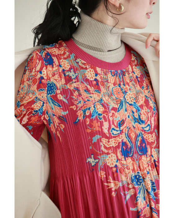 ふんわり変形タック袖の鮮やかな花柄プリーツロングワンピース