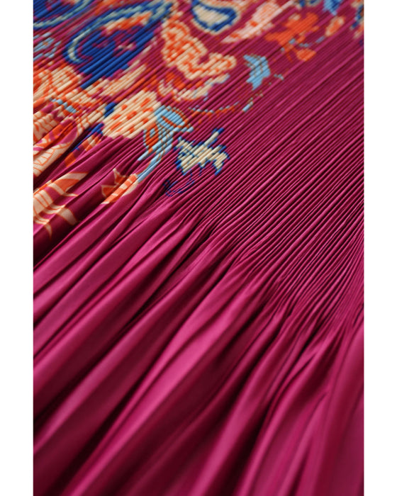 ふんわり変形タック袖の鮮やかな花柄プリーツロングワンピース