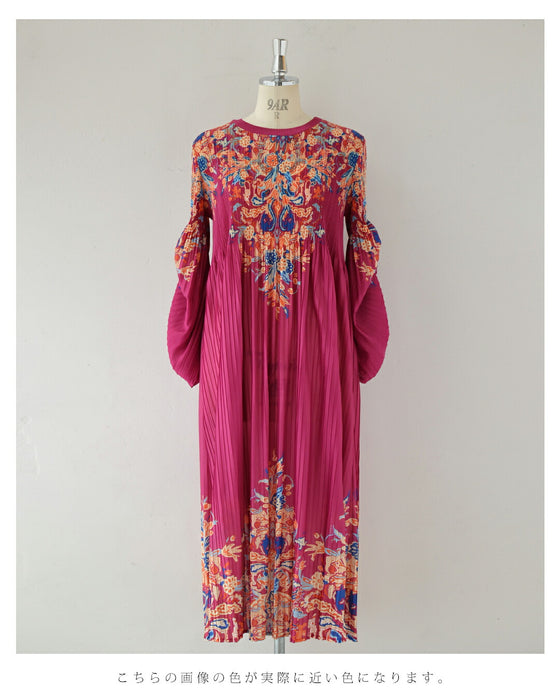 ふんわり変形タック袖の鮮やかな花柄プリーツロングワンピース