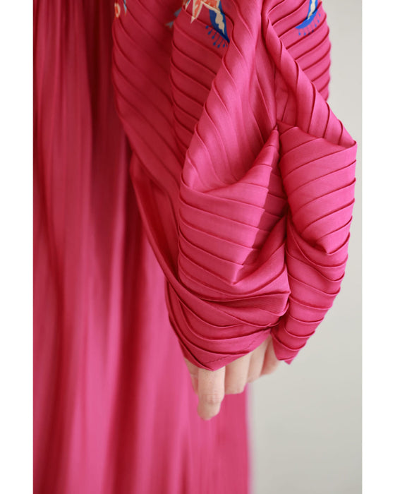 ふんわり変形タック袖の鮮やかな花柄プリーツロングワンピース