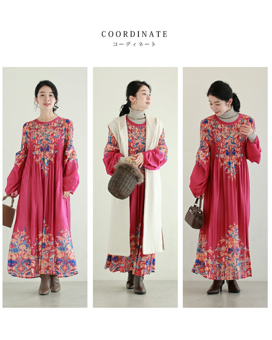 ふんわり変形タック袖の鮮やかな花柄プリーツロングワンピース