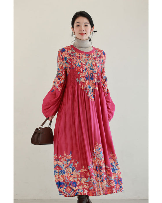 ふんわり変形タック袖の鮮やかな花柄プリーツロングワンピース