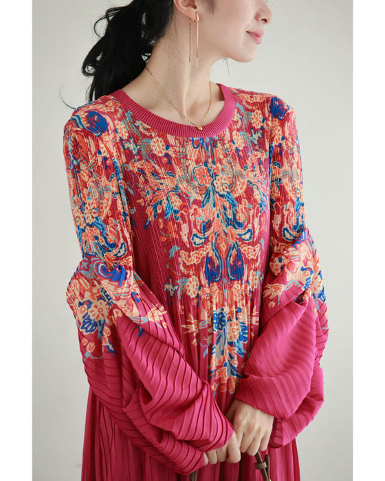 ふんわり変形タック袖の鮮やかな花柄プリーツロングワンピース