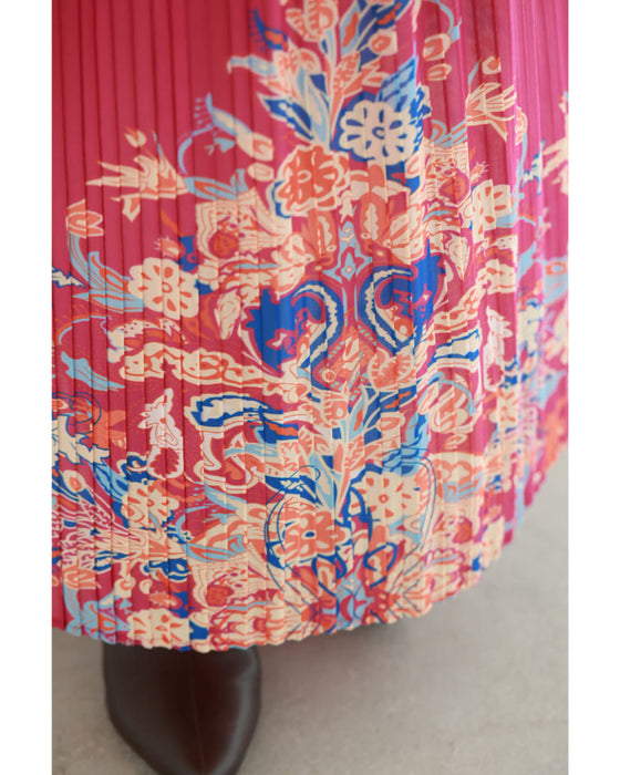 ふんわり変形タック袖の鮮やかな花柄プリーツロングワンピース