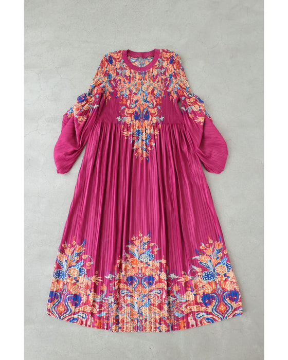 ふんわり変形タック袖の鮮やかな花柄プリーツロングワンピース