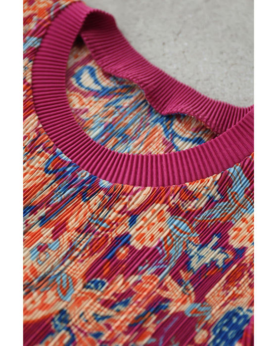 ふんわり変形タック袖の鮮やかな花柄プリーツロングワンピース