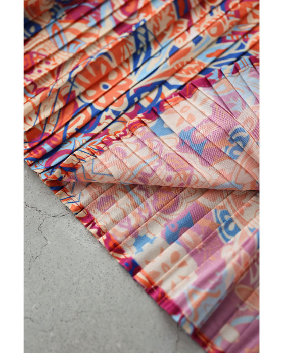 ふんわり変形タック袖の鮮やかな花柄プリーツロングワンピース