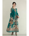 ふんわり変形タック袖の華やかなエスニック柄プリーツロングワンピース