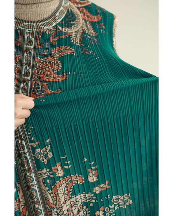 ふんわり変形タック袖の華やかなエスニック柄プリーツロングワンピース