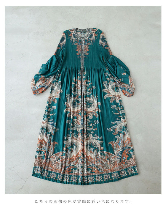 ふんわり変形タック袖の華やかなエスニック柄プリーツロングワンピース