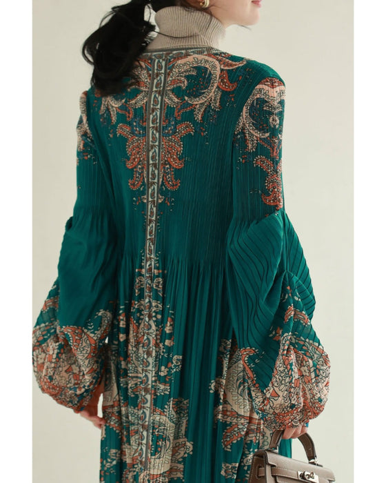 ふんわり変形タック袖の華やかなエスニック柄プリーツロングワンピース