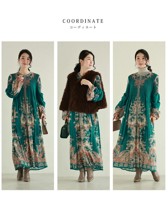 ふんわり変形タック袖の華やかなエスニック柄プリーツロングワンピース