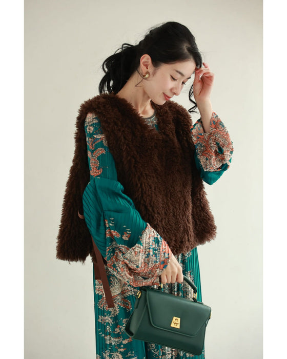 ふんわり変形タック袖の華やかなエスニック柄プリーツロングワンピース