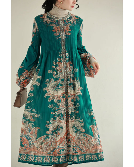 ふんわり変形タック袖の華やかなエスニック柄プリーツロングワンピース