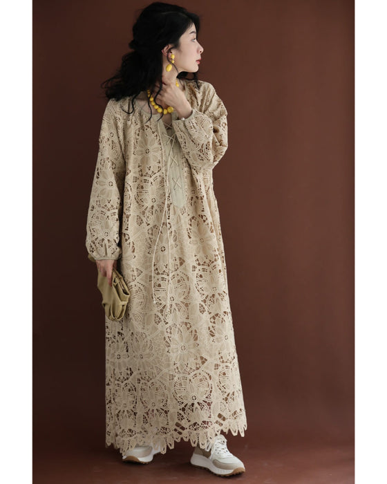 満開の美しさが広がる切り絵レースロングワンピース