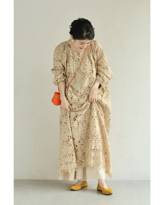 満開の美しさが広がる切り絵レースロングワンピース