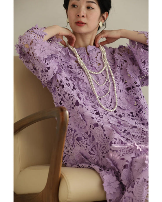 一面に美しさ広がる立体花レースロングワンピース（インナー付き）