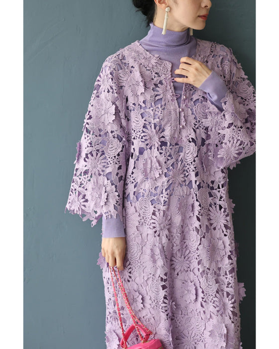 一面に美しさ広がる立体花レースロングワンピース（インナー付き）