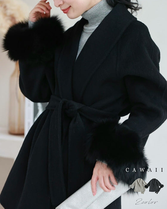 取り外しできるファー袖ウールライクコート（ベルト付き）