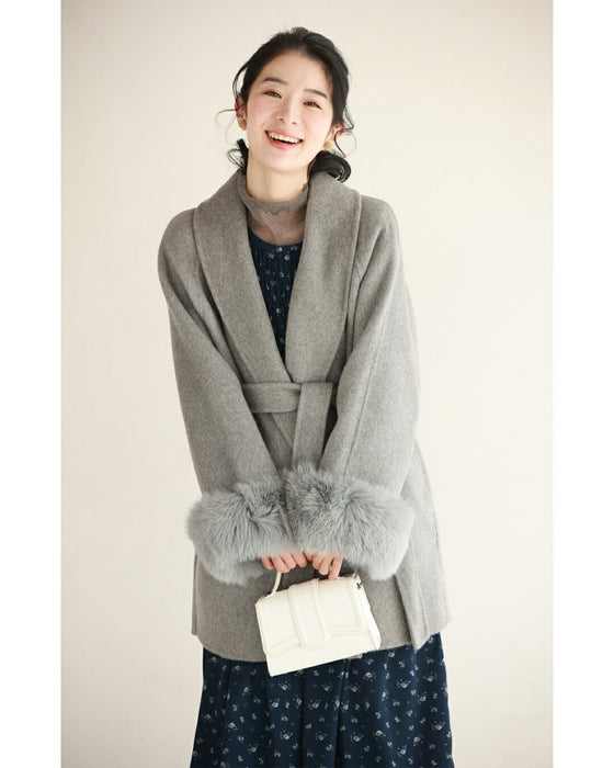 取り外しできるファー袖ウールライクコート（ベルト付き）