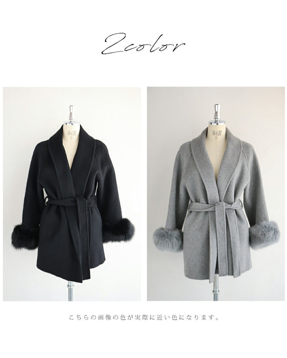 取り外しできるファー袖ウールライクコート（ベルト付き）