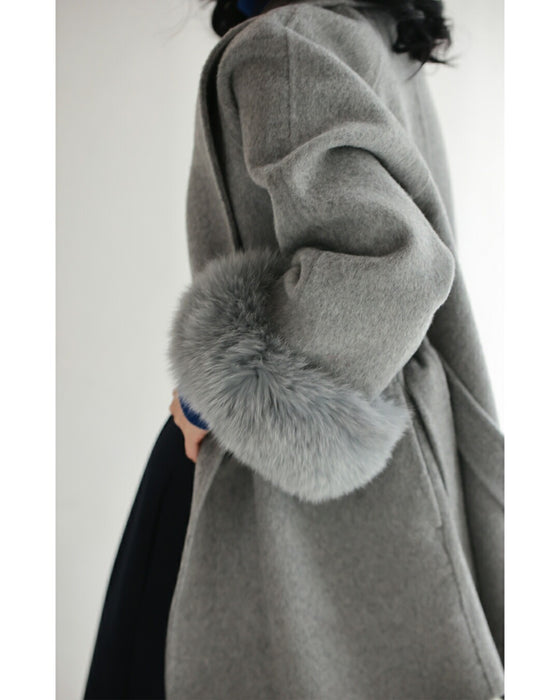 取り外しできるファー袖ウールライクコート（ベルト付き）