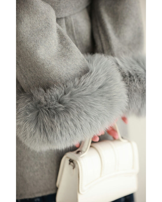 取り外しできるファー袖ウールライクコート（ベルト付き）