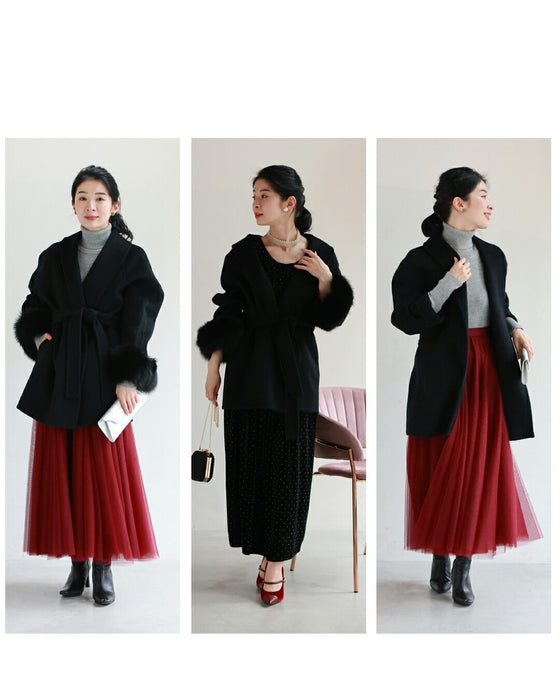 取り外しできるファー袖ウールライクコート（ベルト付き）