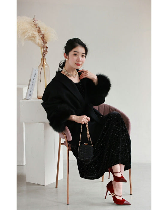 取り外しできるファー袖ウールライクコート（ベルト付き）