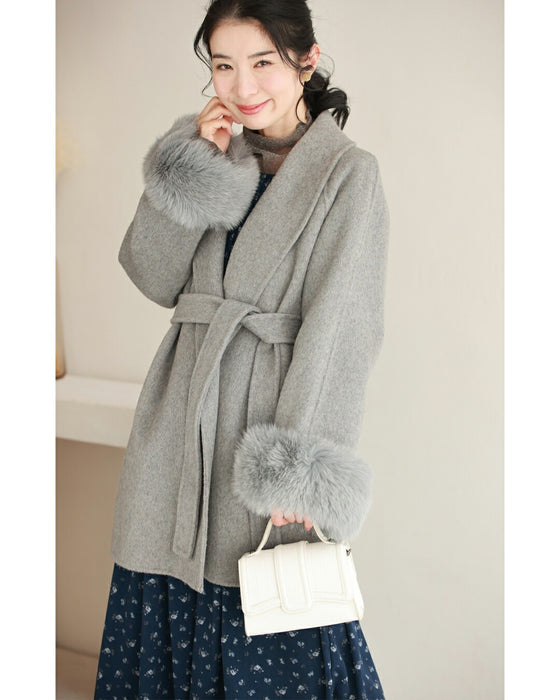 取り外しできるファー袖ウールライクコート（ベルト付き）