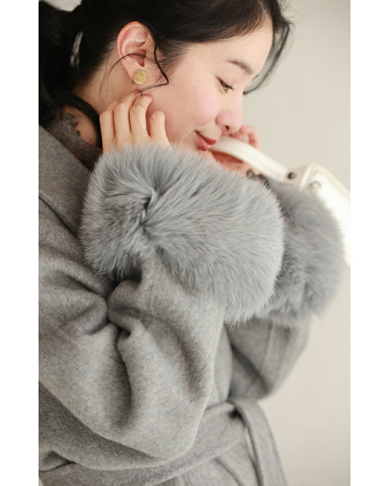 取り外しできるファー袖ウールライクコート（ベルト付き）