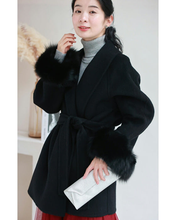取り外しできるファー袖ウールライクコート（ベルト付き）