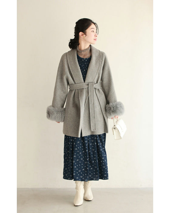 取り外しできるファー袖ウールライクコート（ベルト付き）