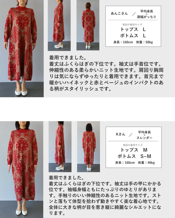 気分高まるオーナメント柄ニットミディアムワンピース