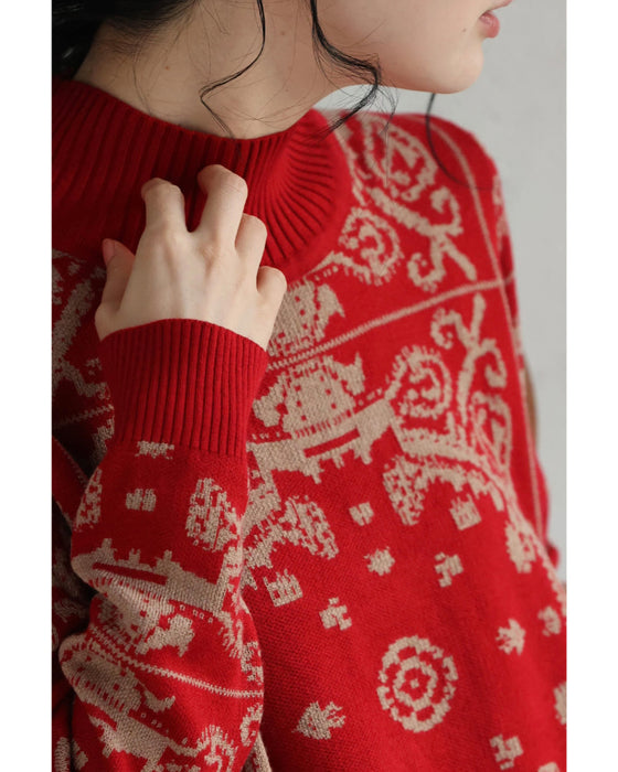 気分高まるオーナメント柄ニットミディアムワンピース