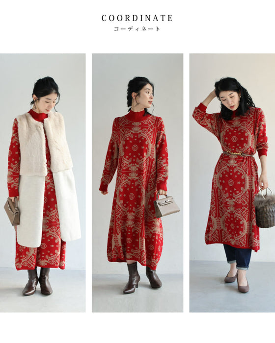 気分高まるオーナメント柄ニットミディアムワンピース