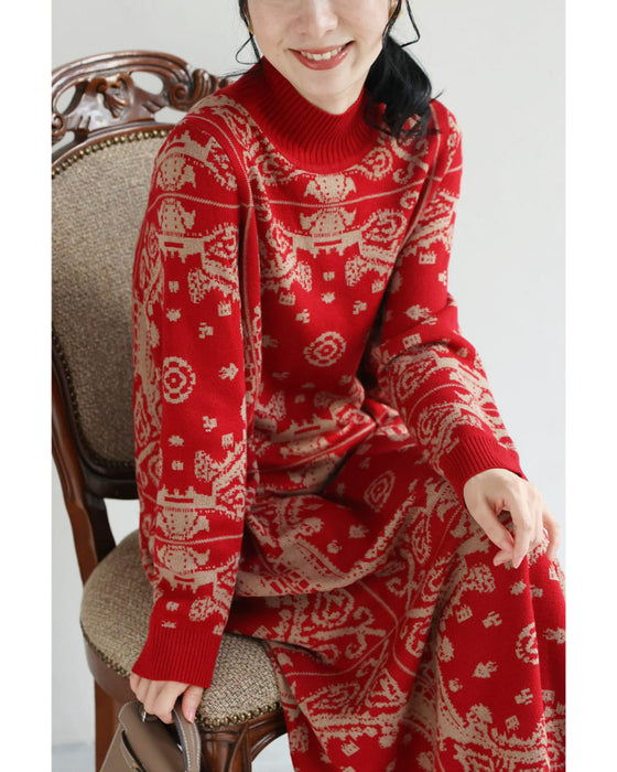 気分高まるオーナメント柄ニットミディアムワンピース