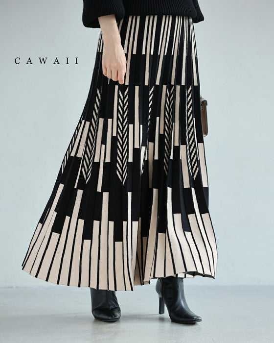 幾何学柄山折りプリーツニットのロングスカート