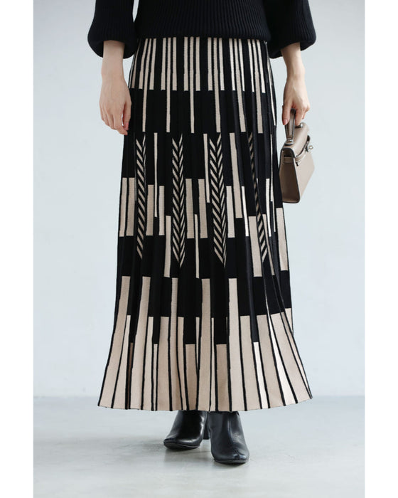 幾何学柄山折りプリーツニットのロングスカート
