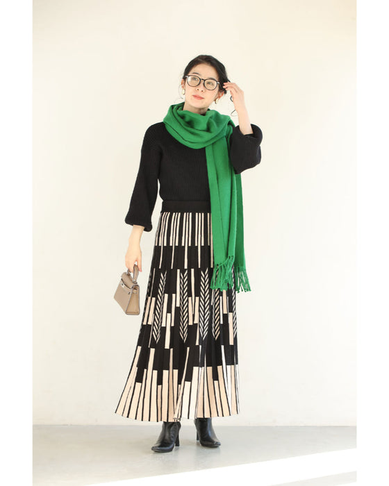 幾何学柄山折りプリーツニットのロングスカート