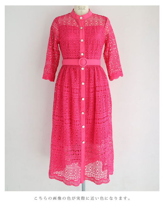 フラワーガーランドの総レースミディアムワンピース（ベルト付き）