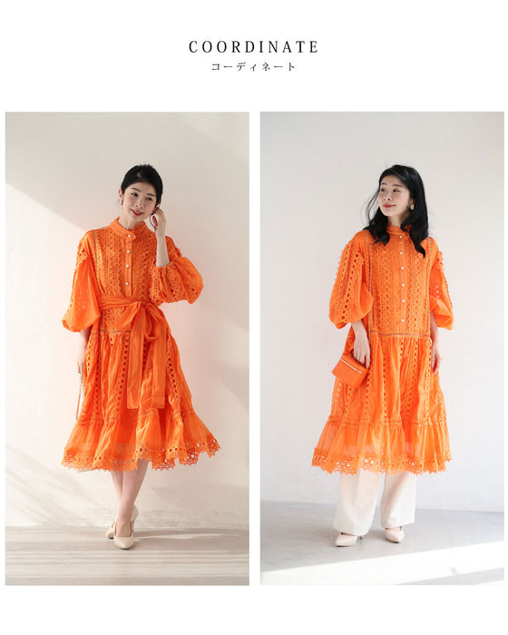 太陽に映えるオレンジのふんわりレースミディアムワンピース（リボン付き）