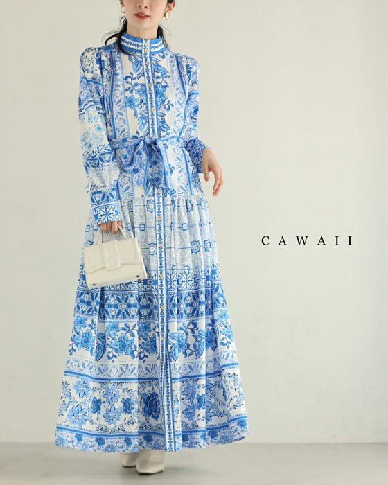 プロヴァンスを旅するロングワンピース（リボン付き）