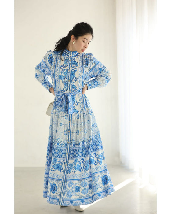 プロヴァンスを旅するロングワンピース（リボン付き）