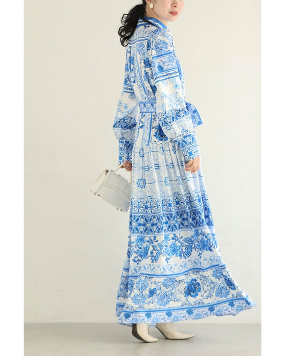 プロヴァンスを旅するロングワンピース（リボン付き）