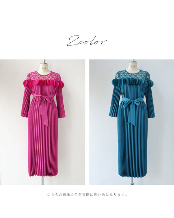 ひらひらサークルデコレーションの切り替えプリーツロングワンピース（リボンベルト付き）