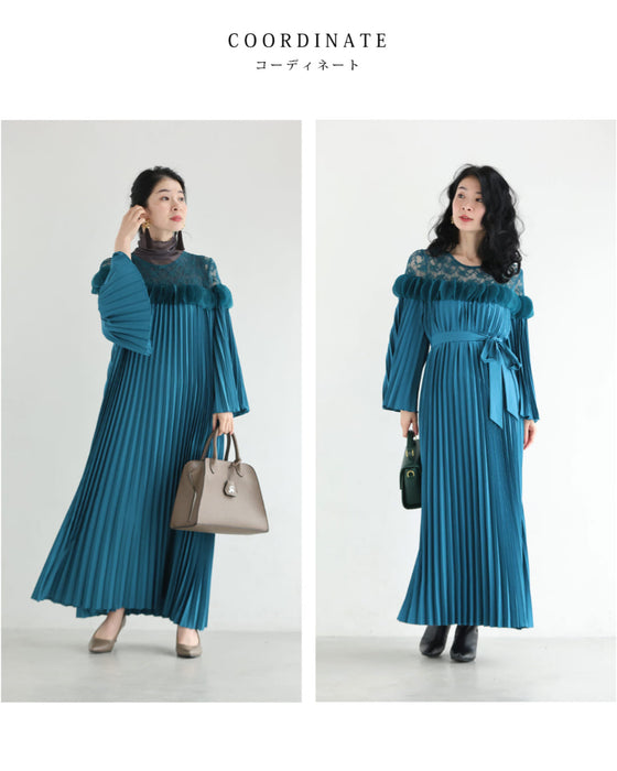 ひらひらサークルデコレーションの切り替えプリーツロングワンピース（リボンベルト付き）