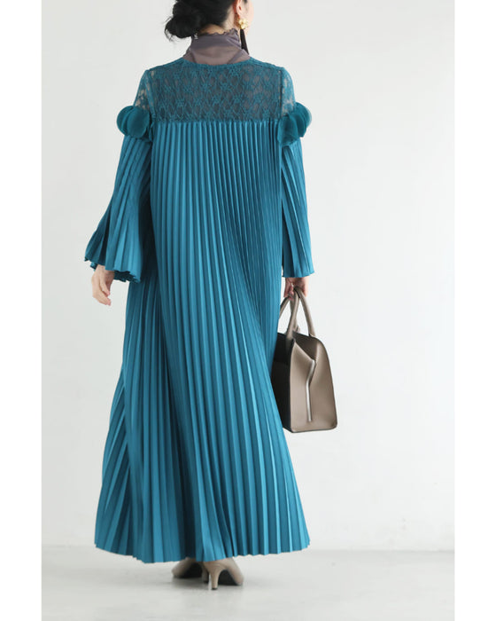 ひらひらサークルデコレーションの切り替えプリーツロングワンピース（リボンベルト付き）